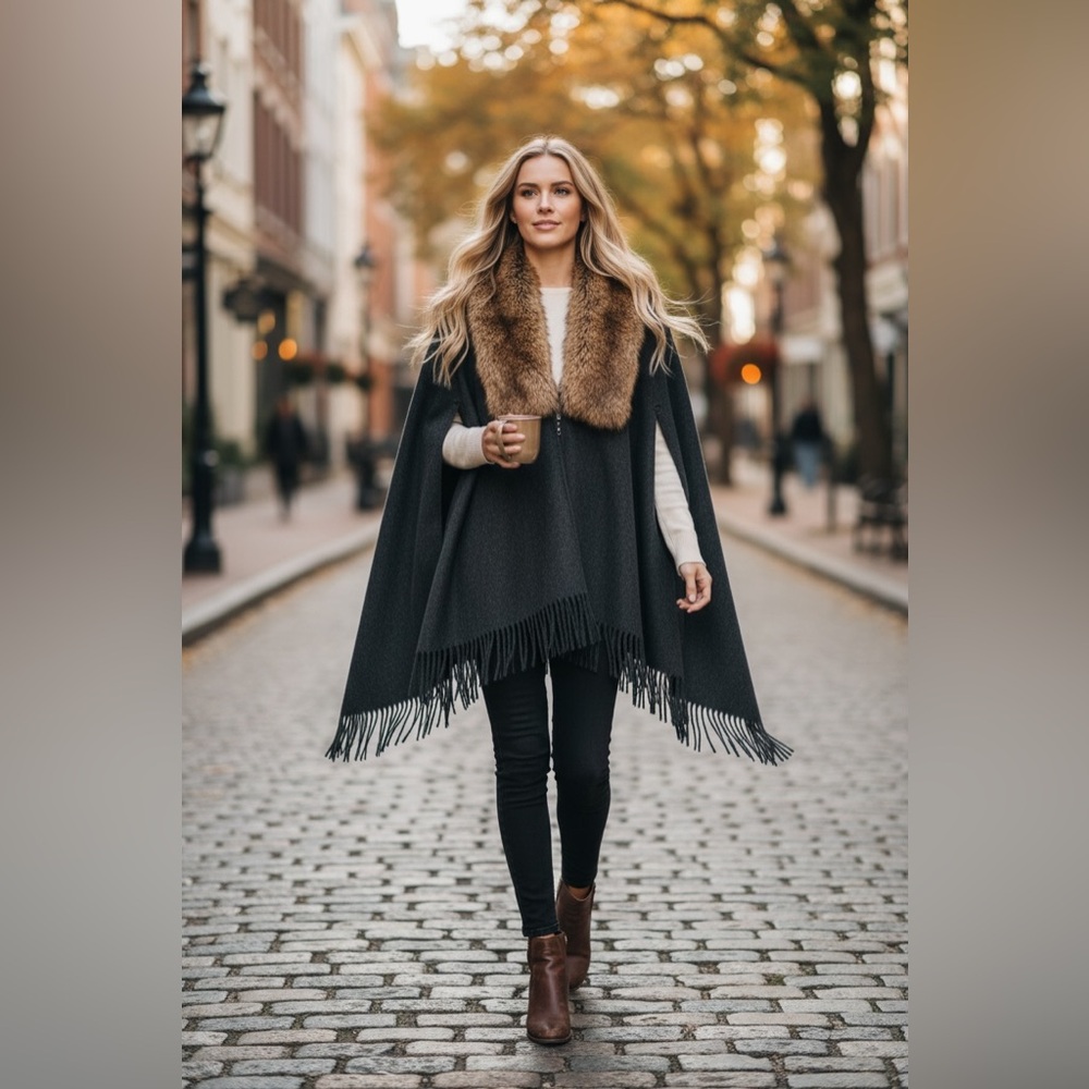 J Crew Faux Fur Trimmed Cape - One Size